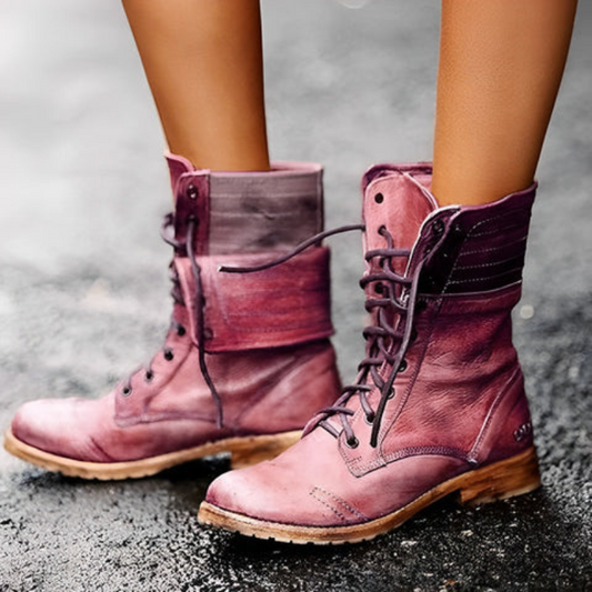 RENATA – Botas de cuero retro vintage con cordones para mujer