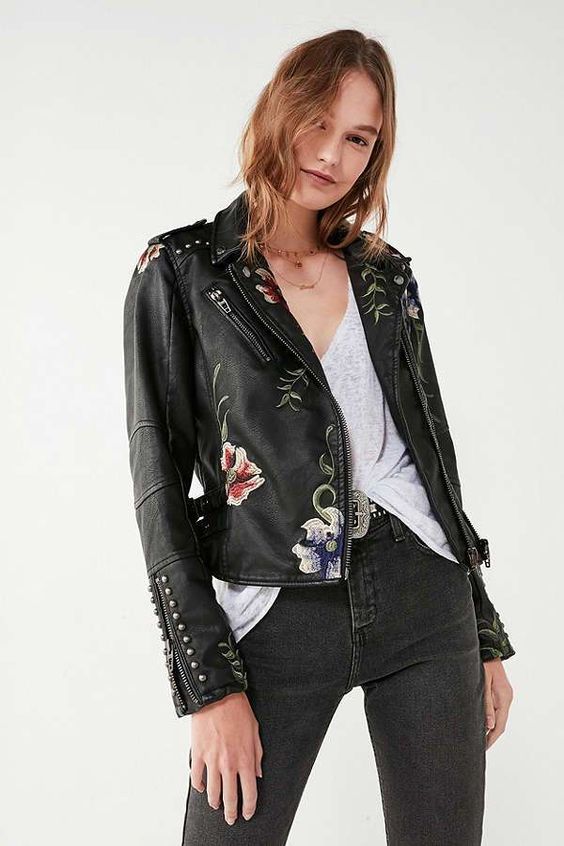 Alessia - Chaqueta de cuero con flores bordadas para mujer Negro