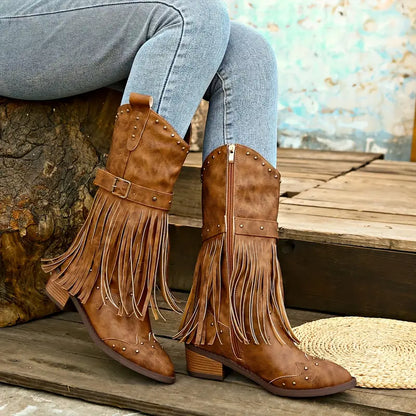 RAYA - Botas estilo cowboy vaqueras robustas con tacón grueso para mujer