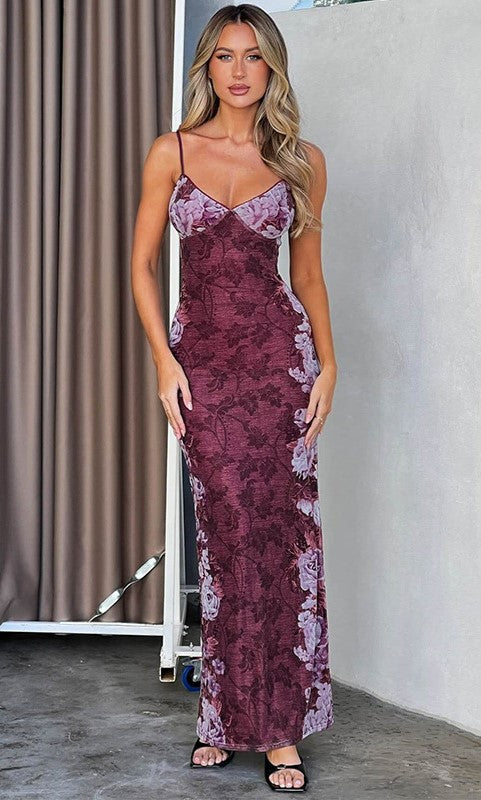 Ximena - Vestido Largo Con Tirantes Estampado Floral Primavera Verano con Cuello en V Para Fiesta Vacaciones En la Playa Estilo Y2K Para Mujer 2024 Rojo