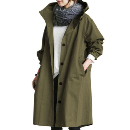 TOSCANA – Trench coat largo con capucha y cuello alto para mujer, disponible en tallas grandes