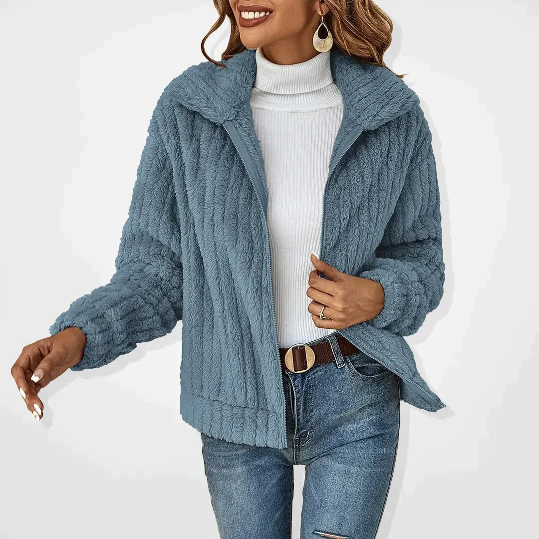 Aurora - Chaqueta cálida Sharpa con forro polar y cuello alto para mujer Azul Claro