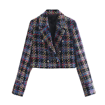 Rosella - Chaqueta de traje corta tipo 'cropped' blazer a cuadros clásico para mujer