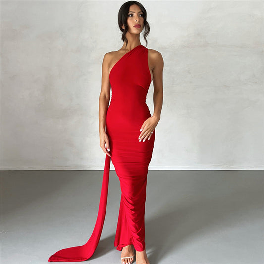 Eula - Vestido Elegante Largo Con Espalda Descubierta Ajustado Fruncido de Fiesta Boda Primavera Verano 2024 Para Mujer Rojo