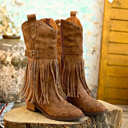 RAYA - Botas estilo cowboy vaqueras robustas con tacón grueso para mujer