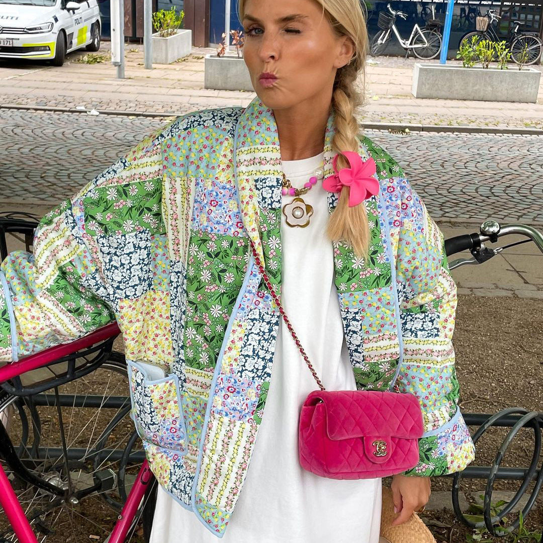 Lillian - Chaqueta acolchada verde para mujer con estampado de flores vintage para mujer