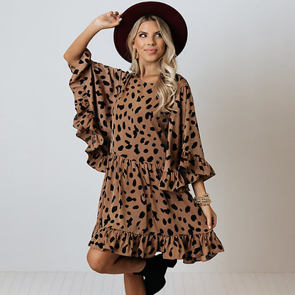 Abigail - Vestido Bohemio Corto de Estampado Mangas Sueltas Primavera Verano Para Mujer Leopardo