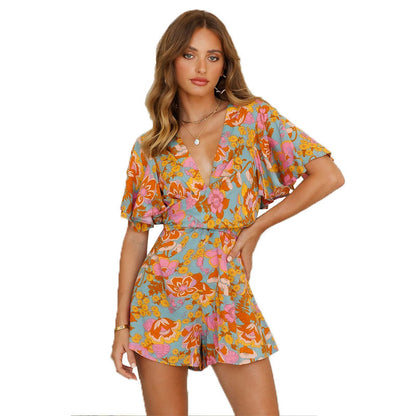 Natalie - Mono Casual de Estampado Floral Manga Corta con Escote de Verano Para Mujer Multicolor