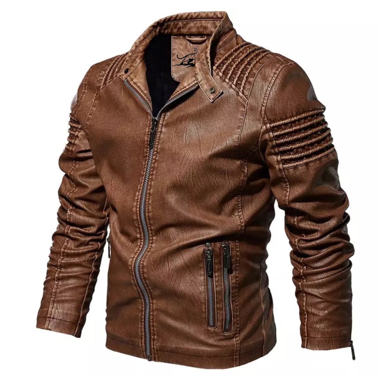 RUFUS - Chaqueta de cuero con cremallera y bolsillos para hombre