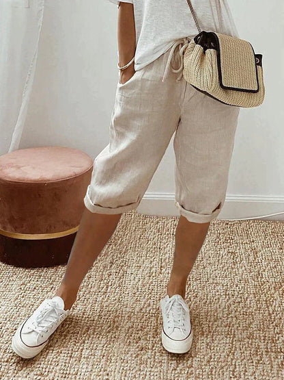 Pantalón de algodón y lino con cintura elástica y bolsillos – EMELYN