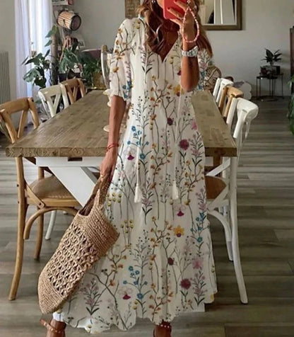 Vestido largo bohemio con escote en V y caída fluida – ELIORA