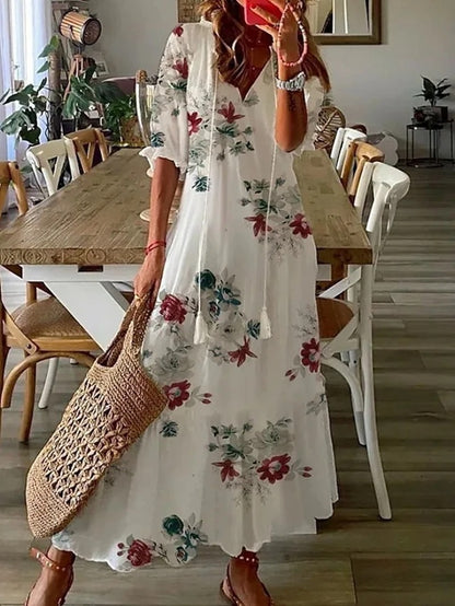 Vestido largo bohemio con escote en V y caída fluida – ELIORA